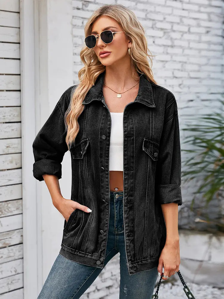 Oversized Denim Jacket with Button Closure and Long Sleeves