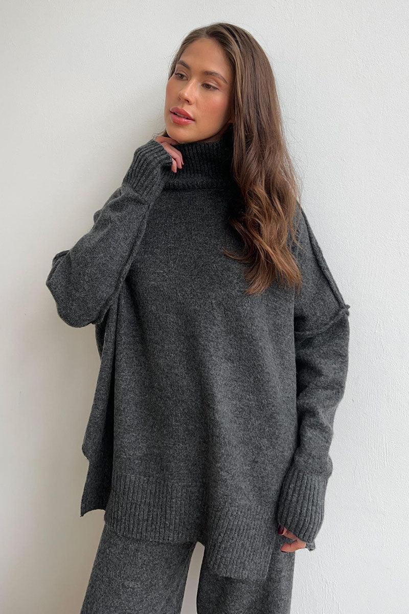 Turtleneck Split Knit Sweater Loose Knit Trousers Set