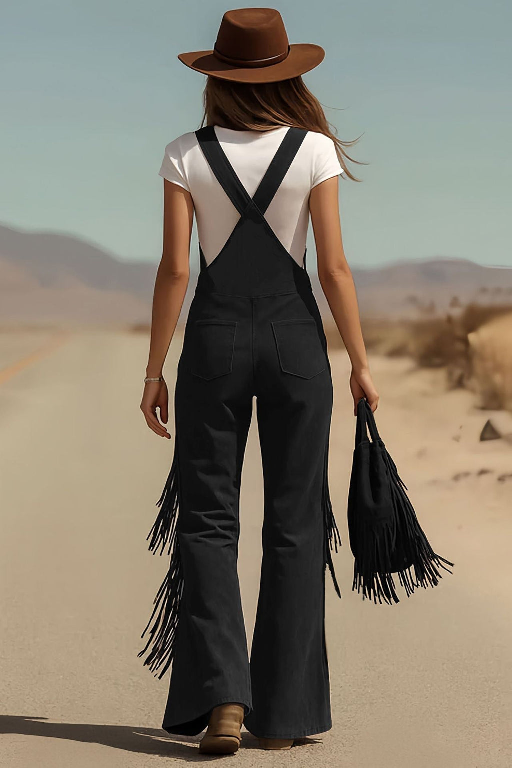 Modern Boho Fringe Micro-Suede Overalls