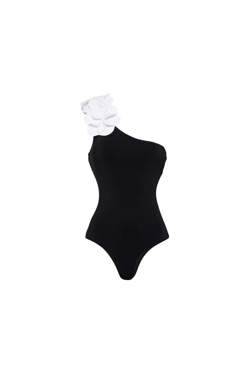 3D Flower One-Shoulder Black Swimsuit