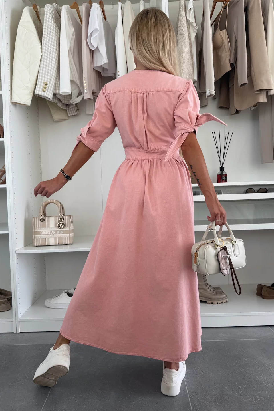 Clean-Lined V-Neck Buttoned Denim Gown