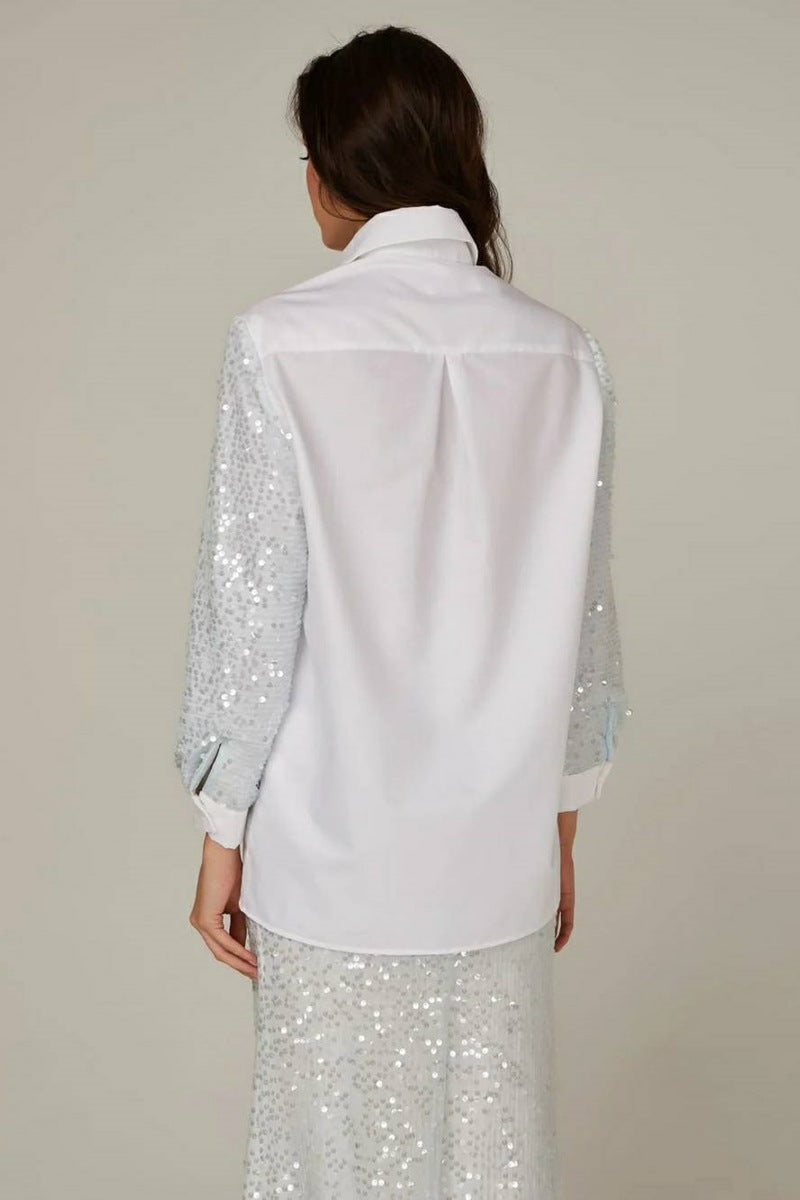 Sequined Sleeve Cotton Shirt & Skirt