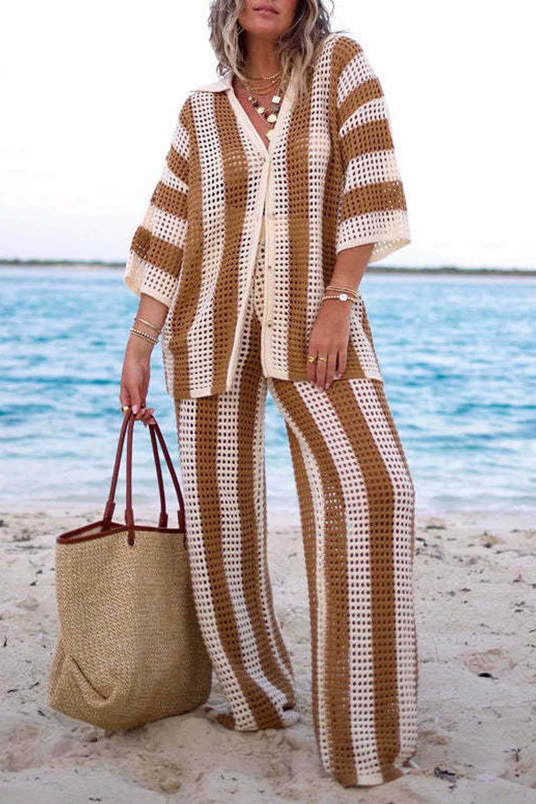 Coordinated Hollow Striped Shirt Knit Set
