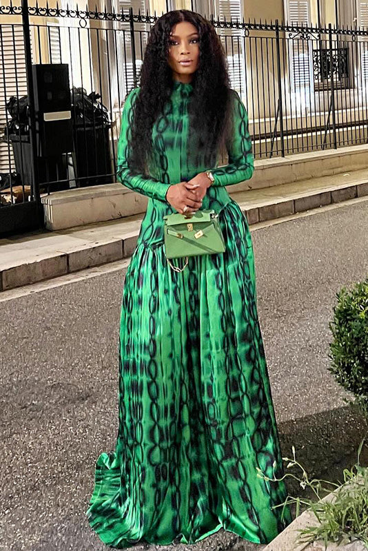 Emerald Animal Texture Flowy Maxi-Length Dress