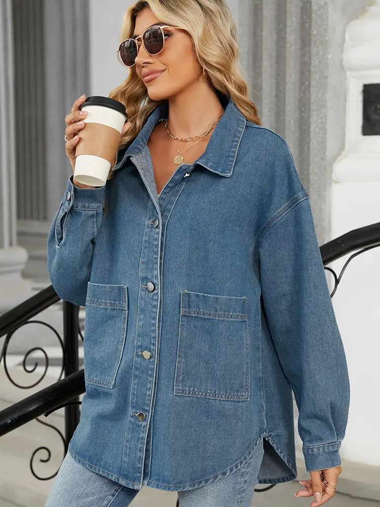 Washed Denim Jacket with Button Closure and Long Sleeves