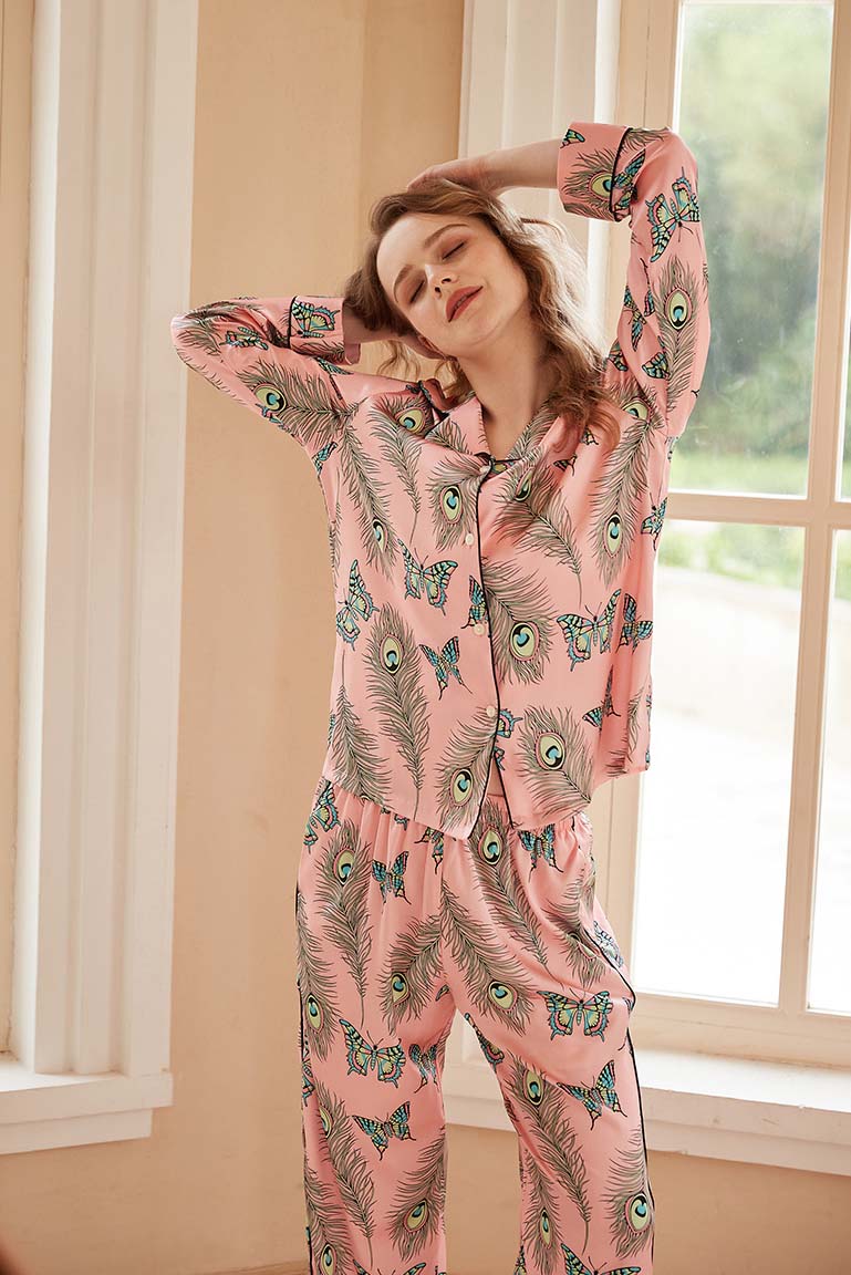 Coordinated Phoenix Feather and Butterfly Print Long-Sleeve Pajama Set