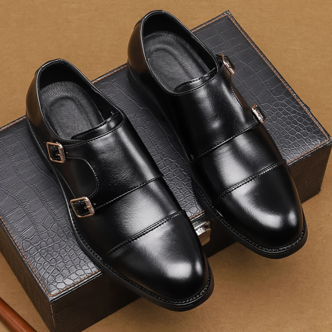 Full-Grain Leather Monk Strap Shoes with Cap-Toe Detail
