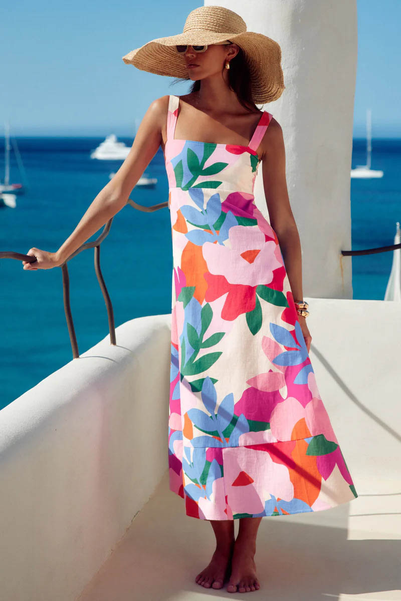 Vacation-Style French Flower Print Maxi-Length Dress
