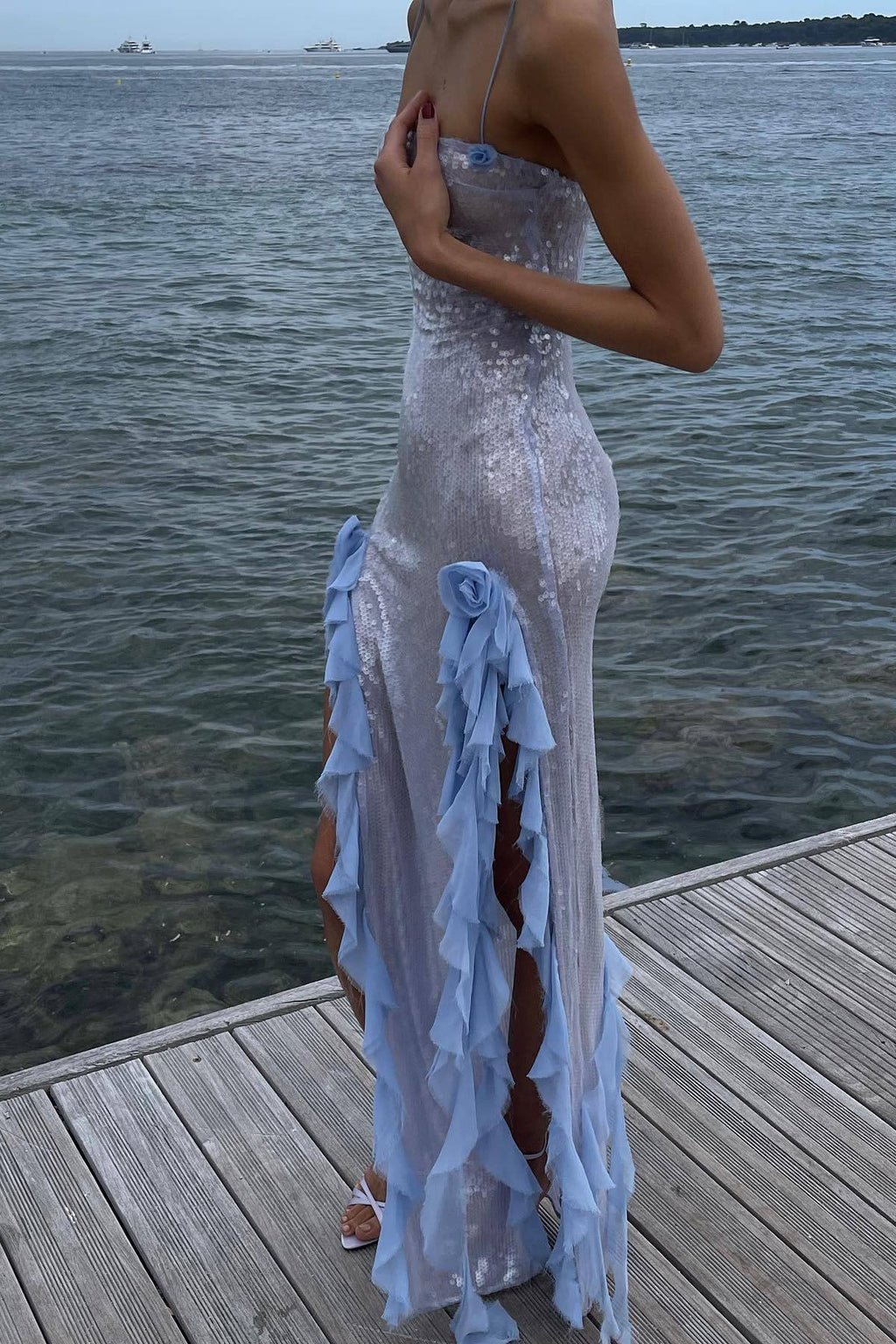 Sequined Sheer Side Slit Spaghetti Midi-Length Dress