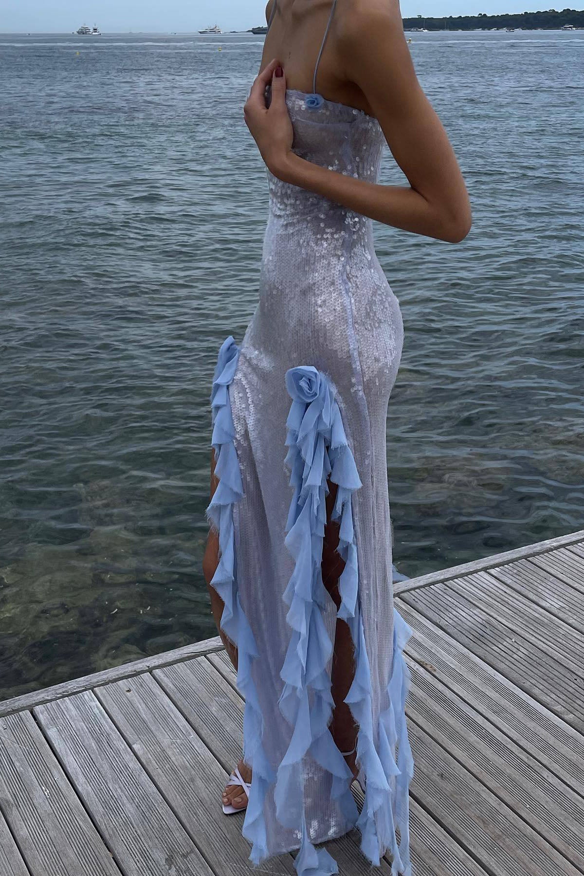 Sequined Sheer Side Slit Spaghetti Midi-Length Dress
