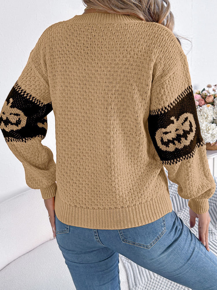 Modern Halloween Pumpkin Head Color-Block Crew Neck Knit Sweater