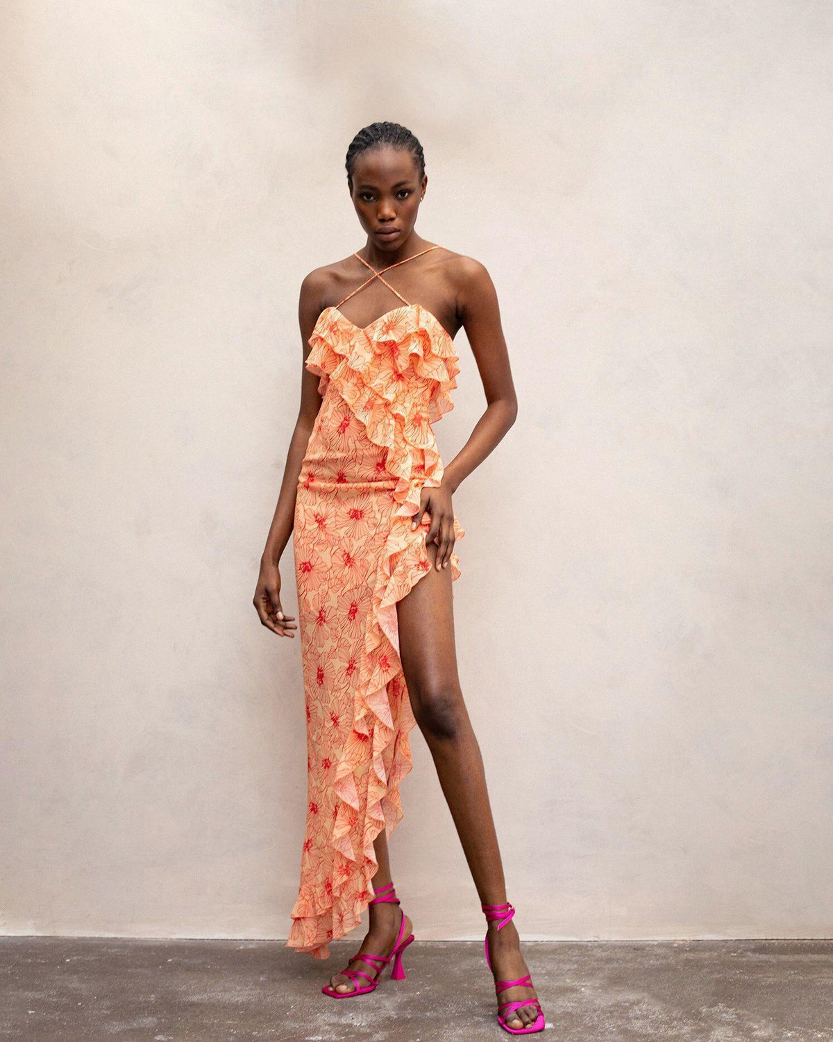 Romantic Ruffled Flower Slit Midi-Length Dress