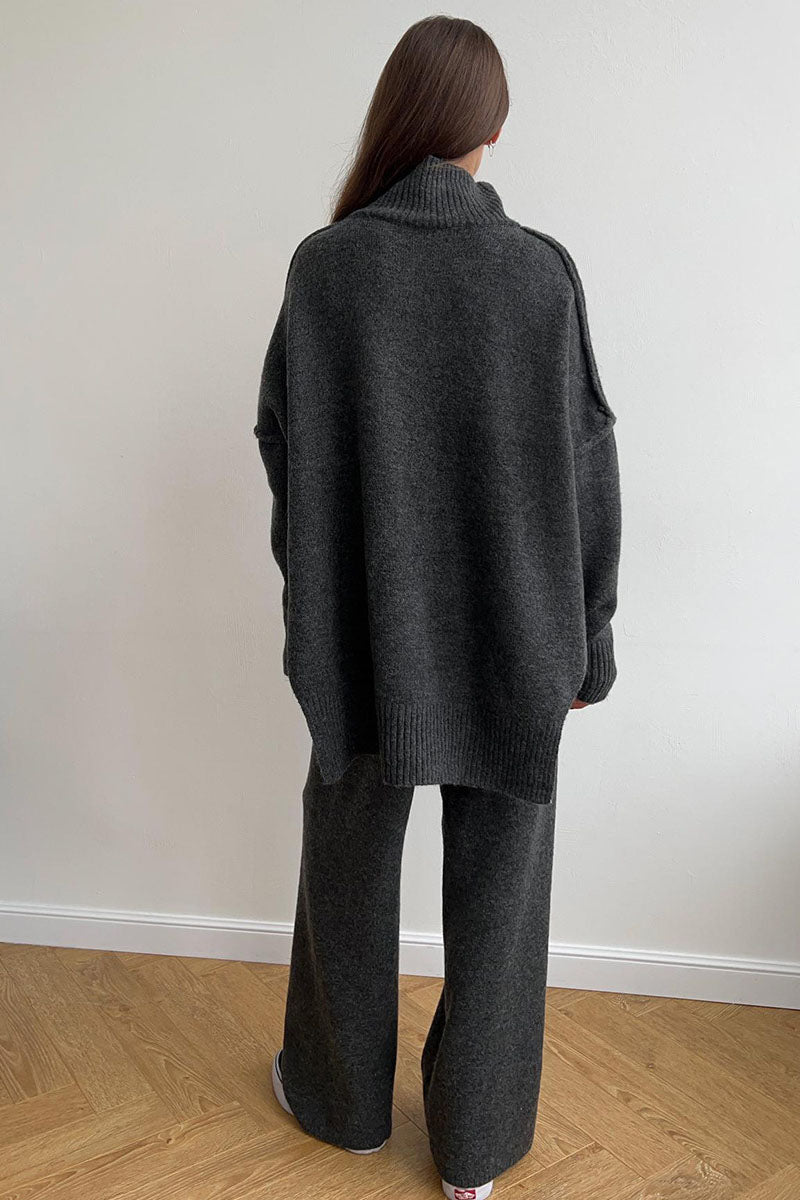 Turtleneck Split Knit Sweater Loose Knit Trousers Set