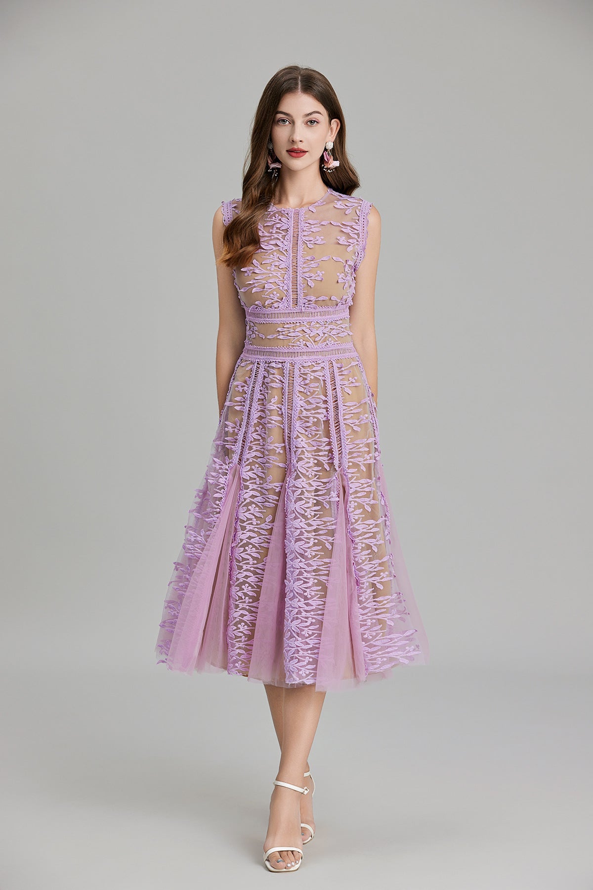 Maelle Crew Neck Mesh Embroidered Midi-Length Dress In Beige