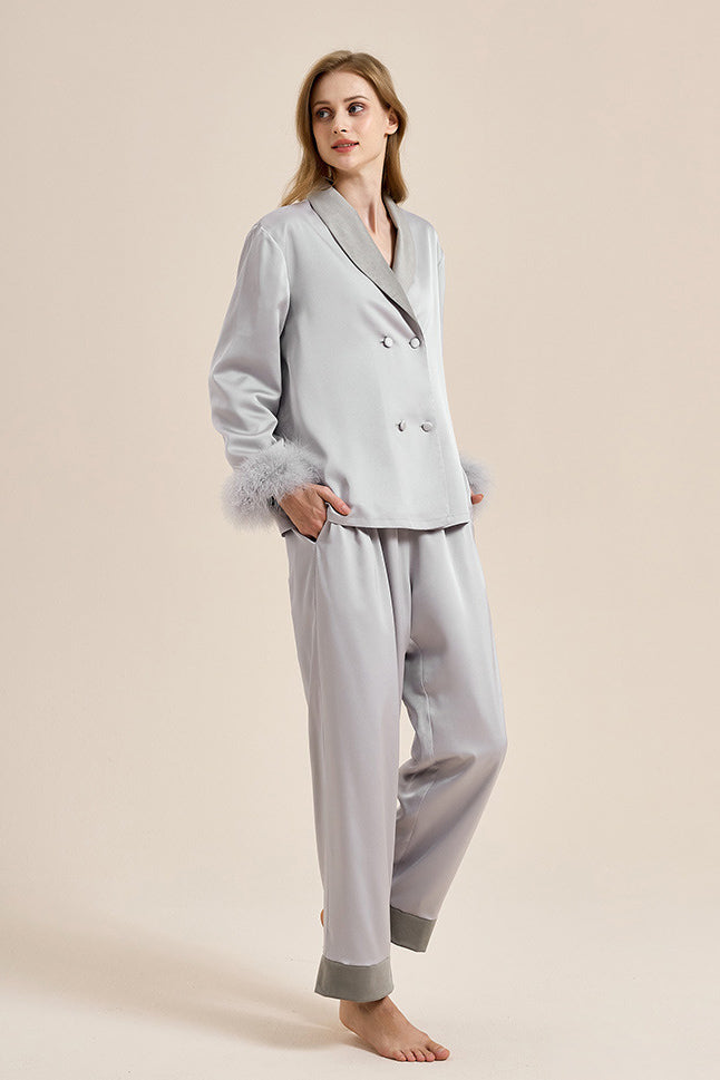 Coordinated Feather Trim Red Pyjamas Set