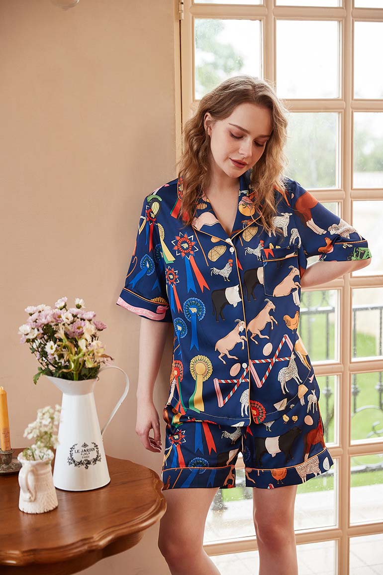 Coordinated Cute Cartoon Animal Print Short Loungewear Set