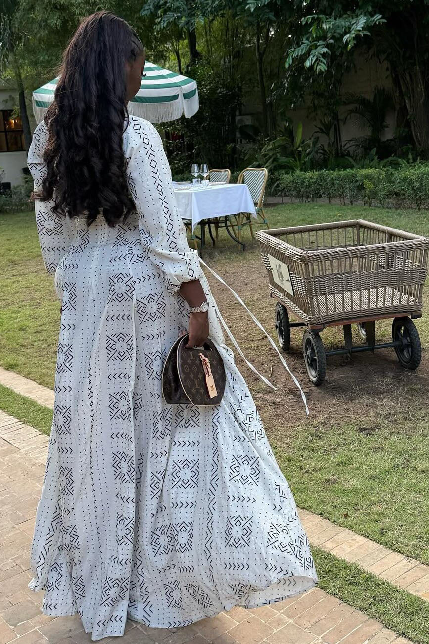 Modern White Geo Print Long Sleeve Gown