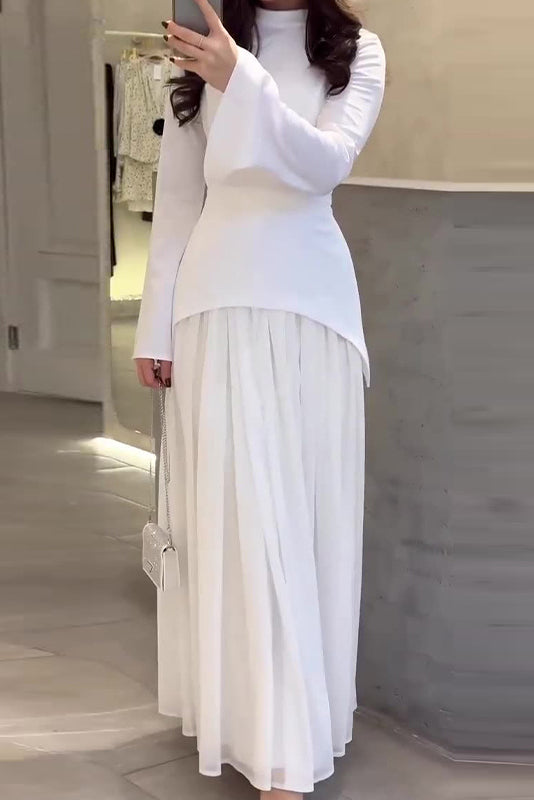 Color Block Splicing Slim Fit Lace-Up Long Sleeve Maxi-Length Dress