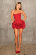 Red 3D Flower Hem Sexy Lace-Up Off-Shoulder Mini-Length Dress