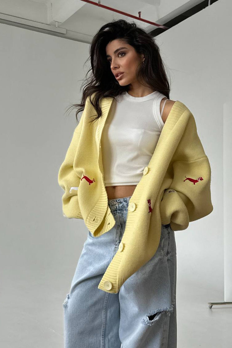 Modern V-Neck Dachshund Knit Cardigan