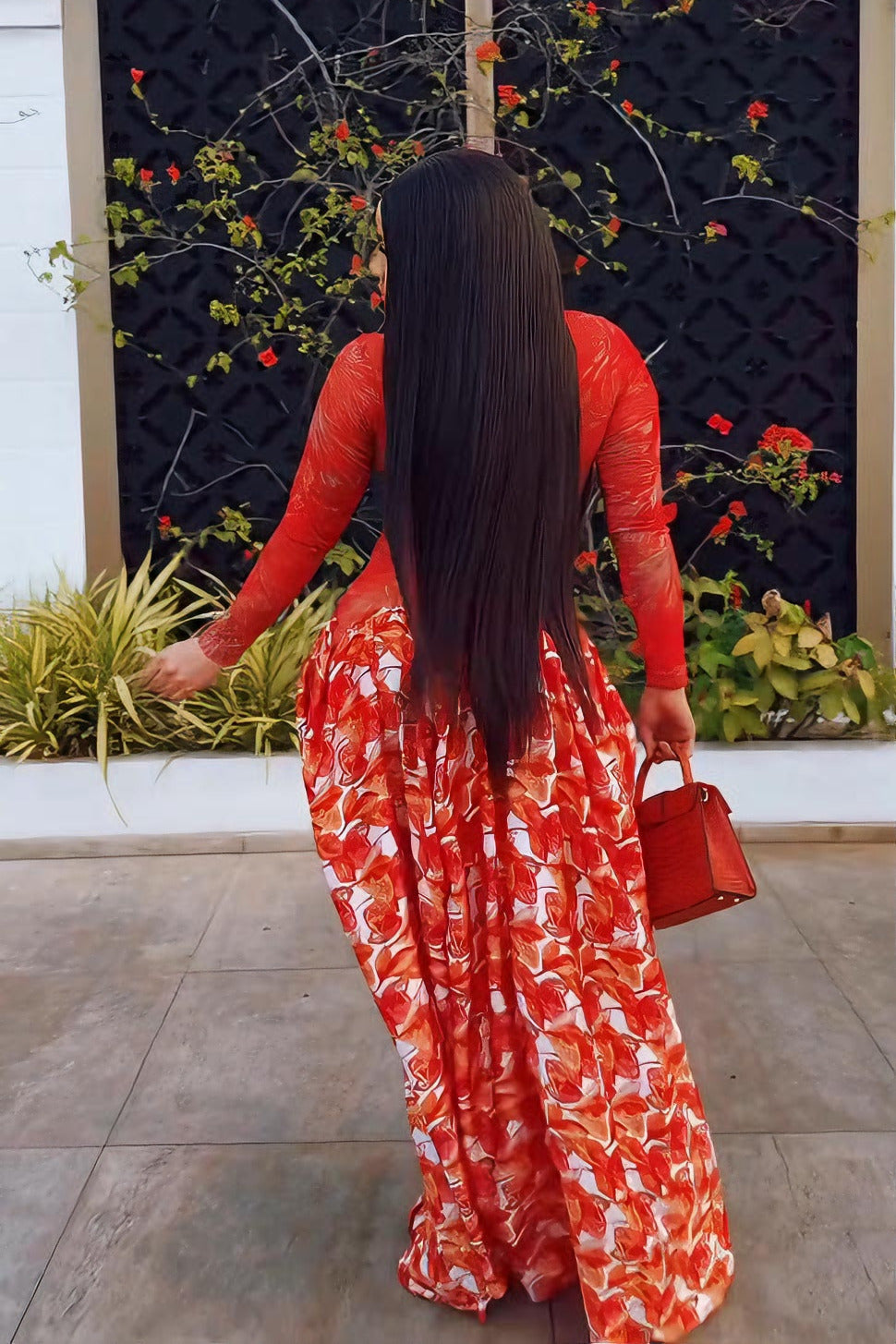 Vibrant Red Sheer Flower Maxi-Length Dress