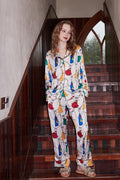 Coordinated Fringed Pattern Ice Silk Long Sleeve Loungewear Set