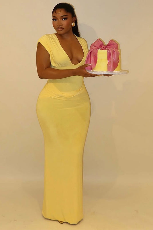 Stylish Lemon Ruched Hourglass Maxi-Length Dress