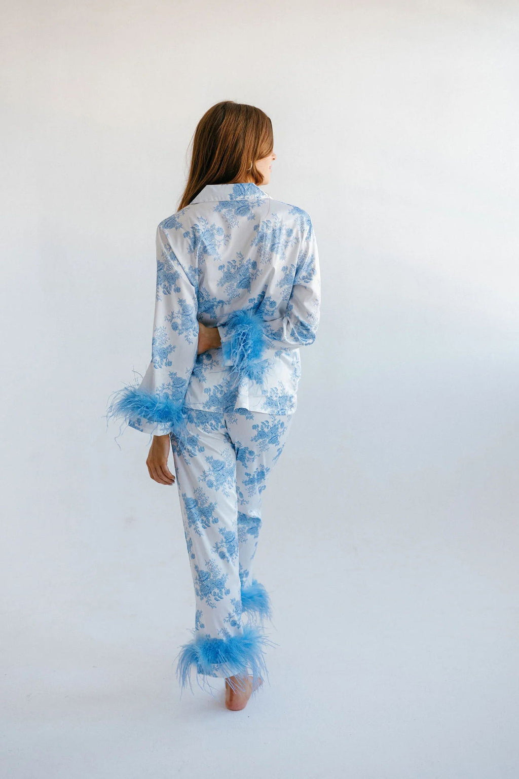 Blue Flower Print Satin Pajama Set