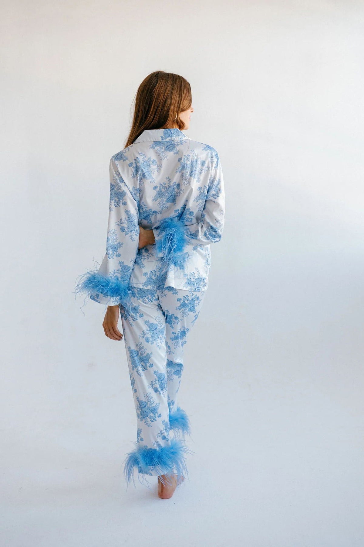 Blue Flower Print Satin Pajama Set