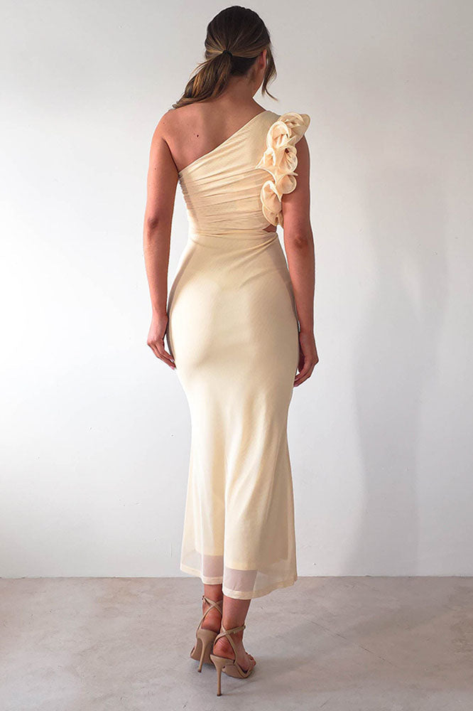 Statement Flower One-Shoulder Fitted Midi-Length Dress
