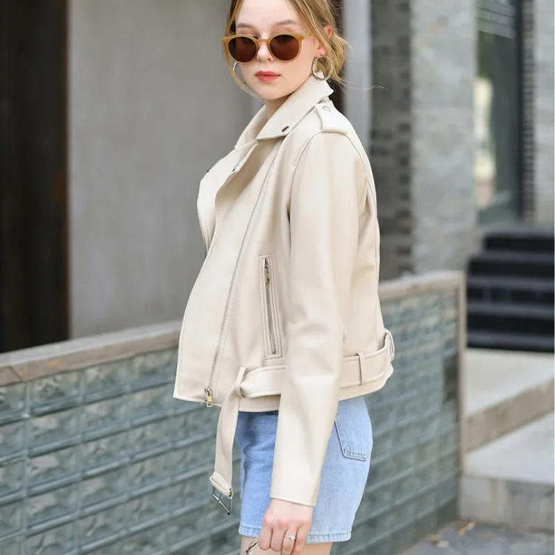 Leather Biker Jacket with Zippers and Belt