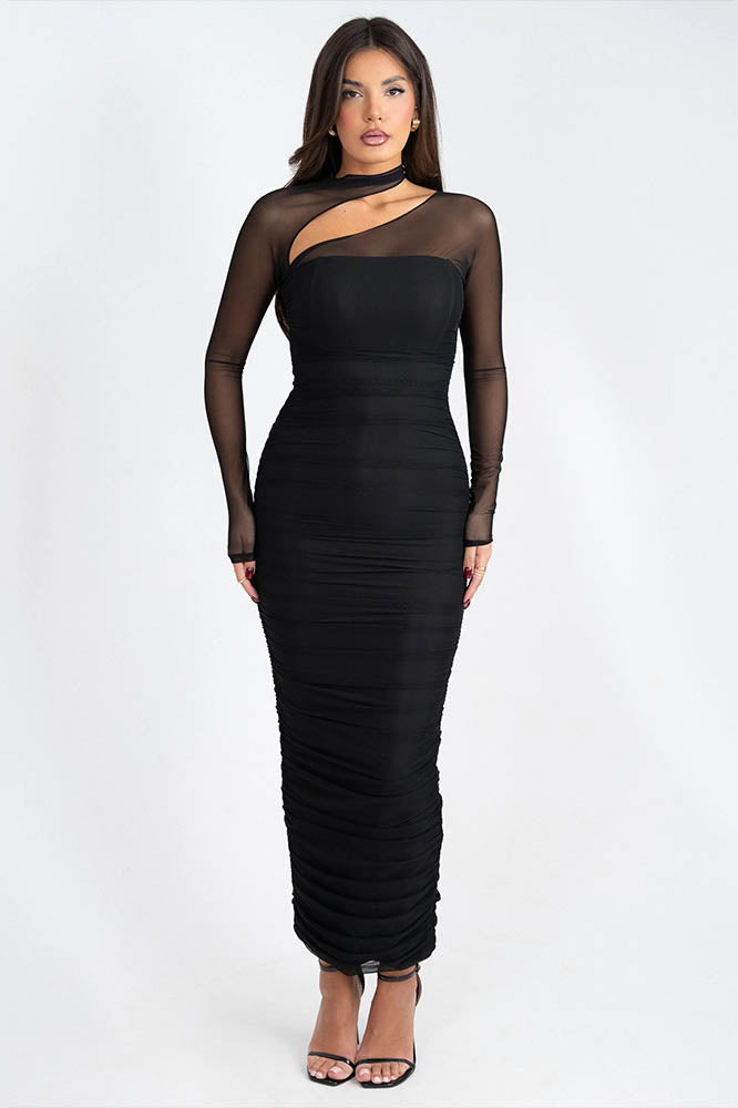 Refined Crew Neck High-Waisted Mesh Dress