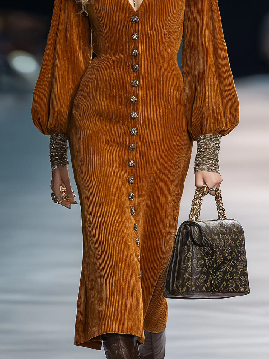 Retro Button Puff Sleeve Caramel Brown Corduroy Midi-Length Dress