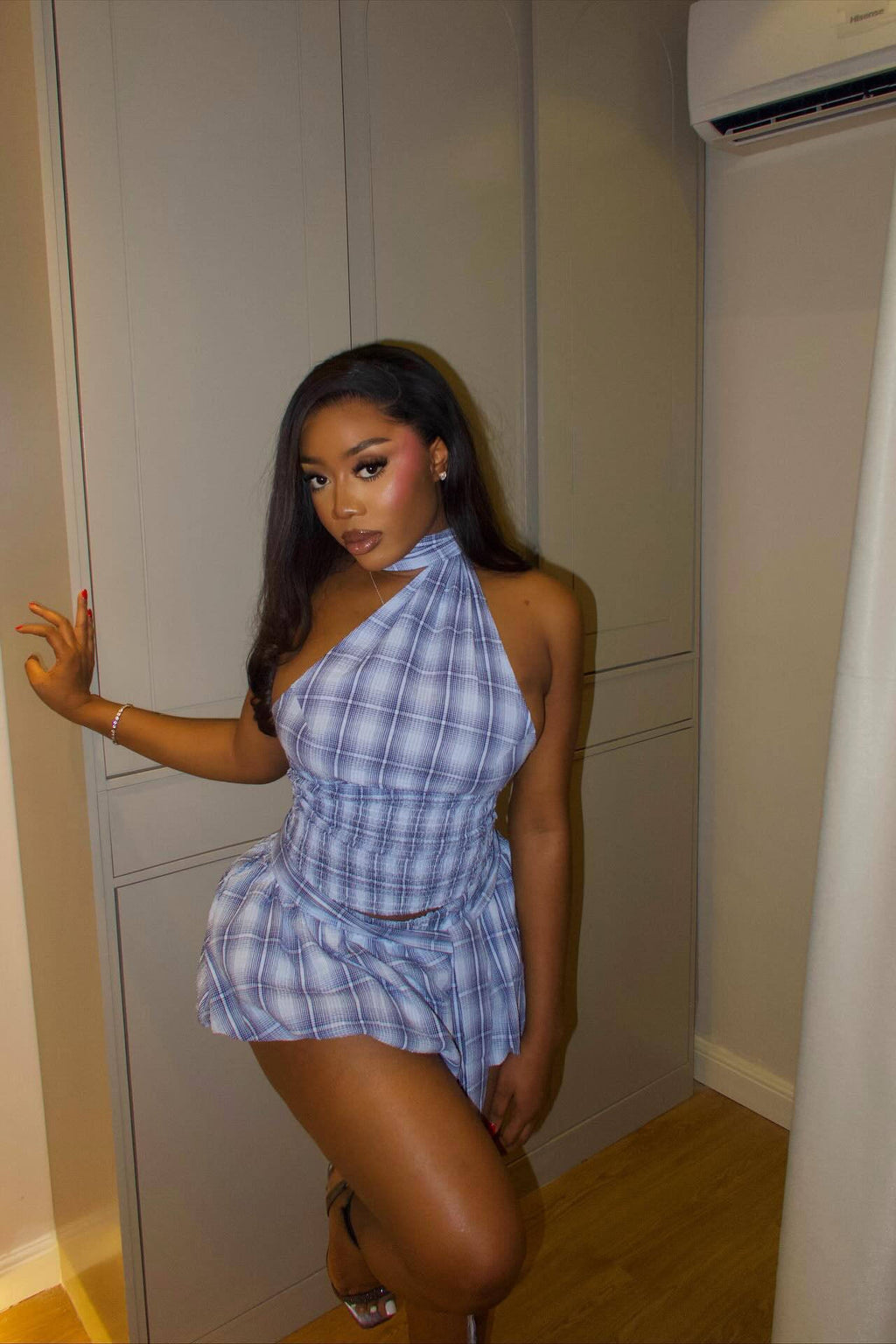 Coordinated Smocked Waist Plaid Skirt Set