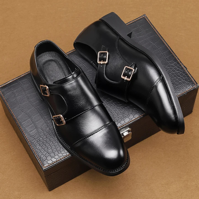 Full-Grain Leather Monk Strap Shoes with Cap-Toe Detail