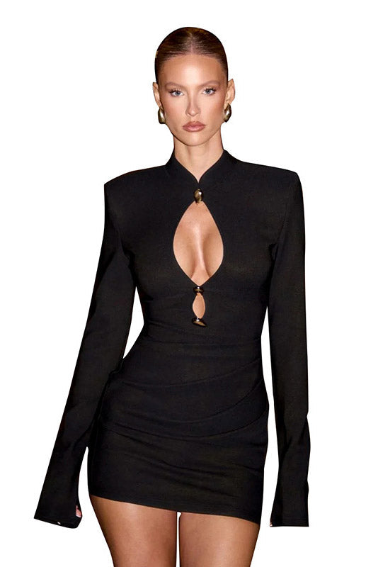 High Neck Cut-Out Gold Detail Blazer Mini-Length Dress