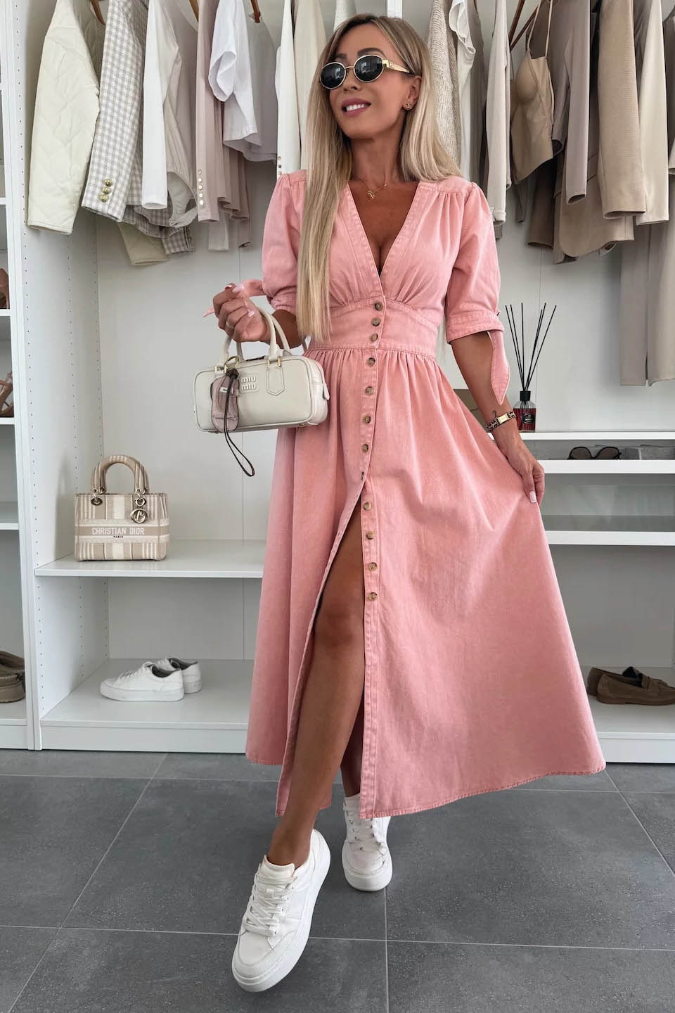 Clean-Lined V-Neck Buttoned Denim Gown
