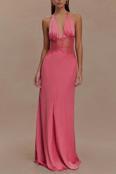 Halter Patchwork Open-Back Sexy Maxi-Length Dress