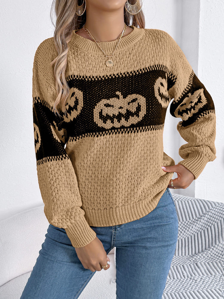 Modern Halloween Pumpkin Head Color-Block Crew Neck Knit Sweater