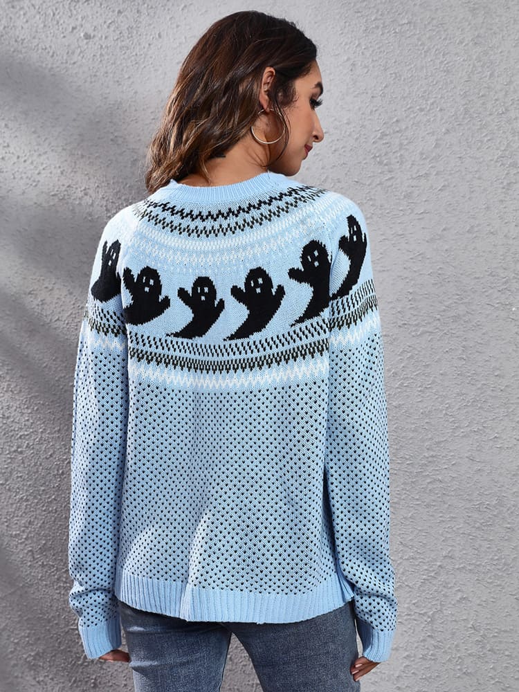 Literary Retro Ghost Pattern Crew Neck Knitted Knit Sweater