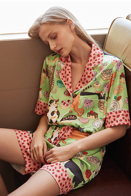 Coordinated Coffee Cat Shorts Pajama Set