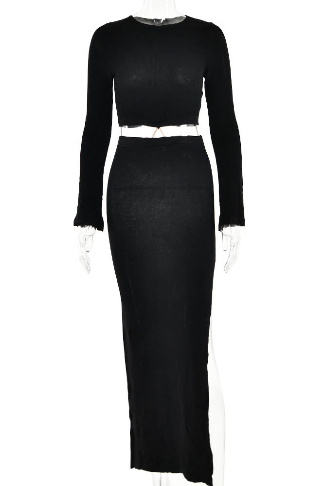 Crew Neck Knit & Slit Skirt Set
