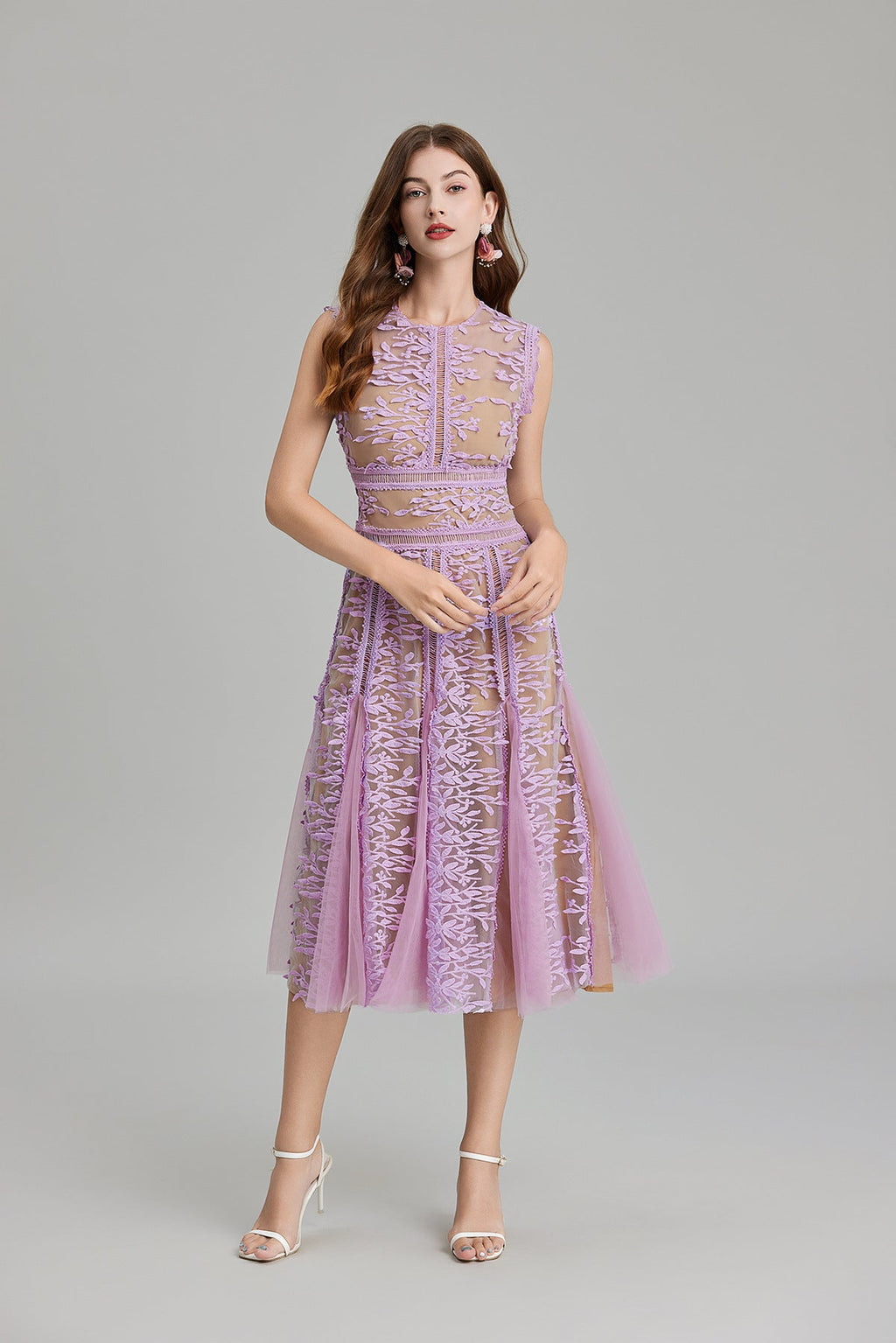 Maelle Crew Neck Mesh Embroidered Midi-Length Dress In Beige