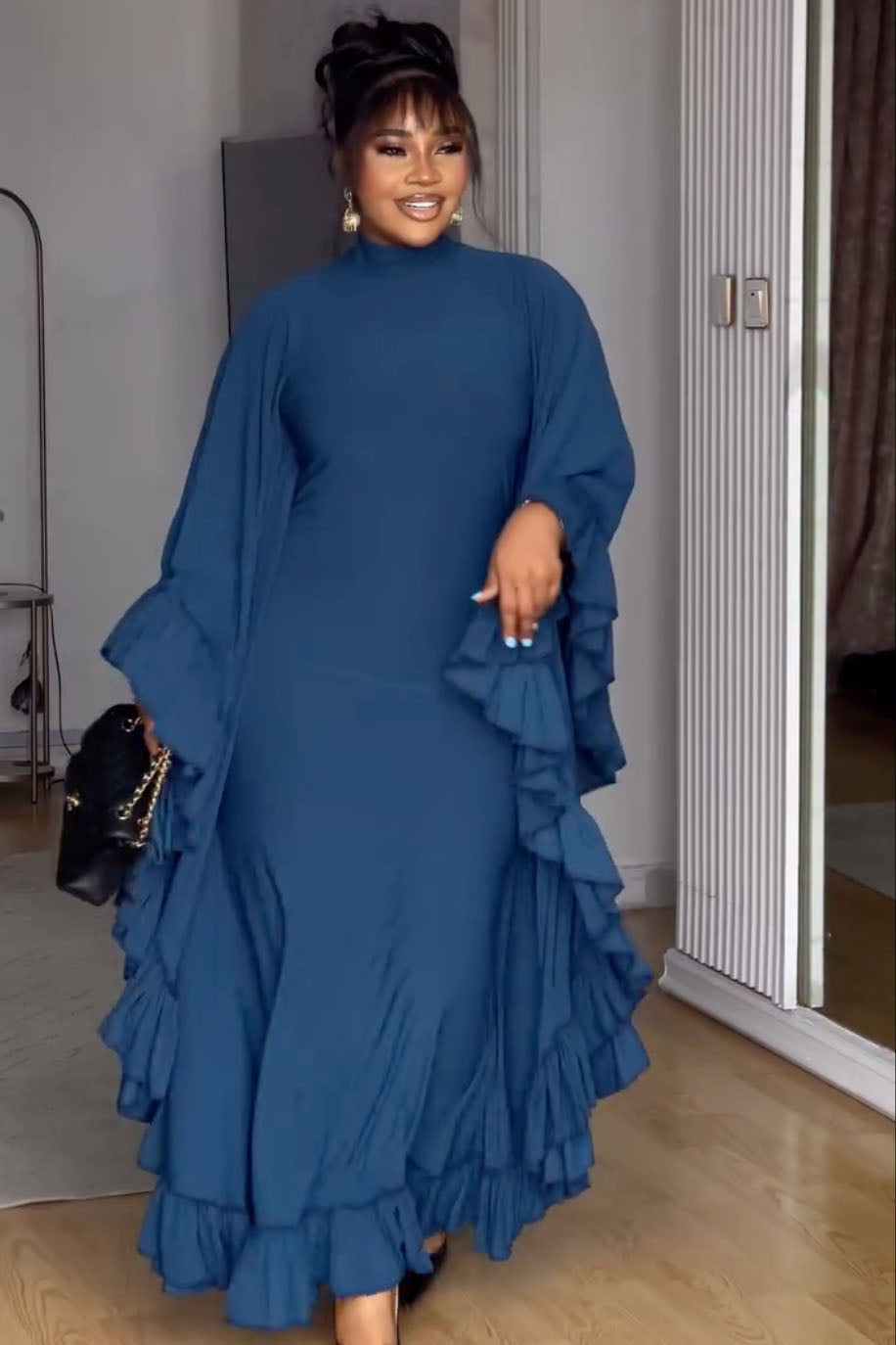 Batwing Sleeve Ruffled Trim Maxi-Length Dress