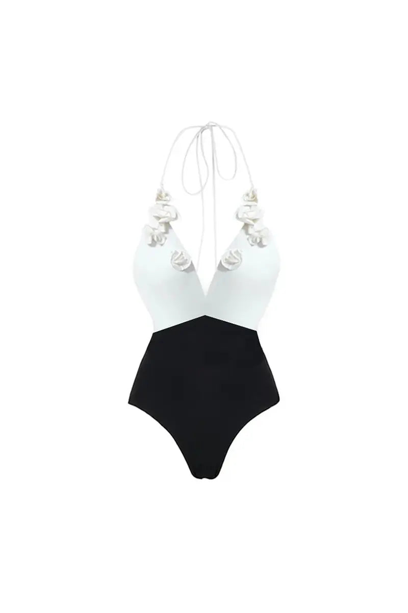 Halter Solid Flower Embellished Swimsuit