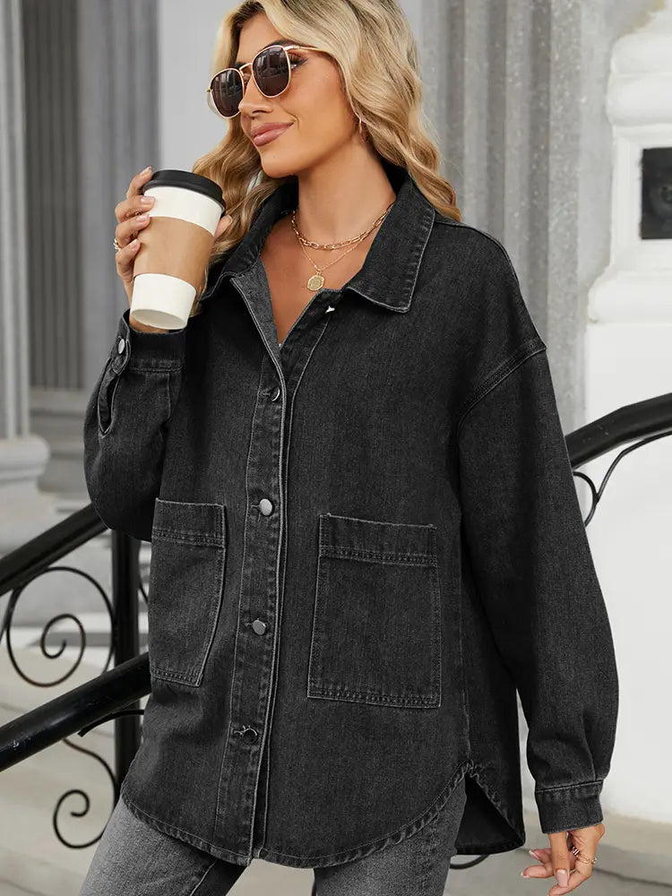 Washed Denim Jacket with Button Closure and Long Sleeves