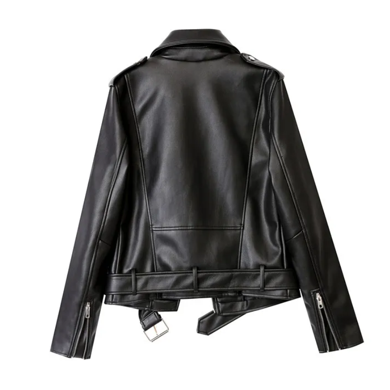 Leather Biker Jacket with Zippers and Belt