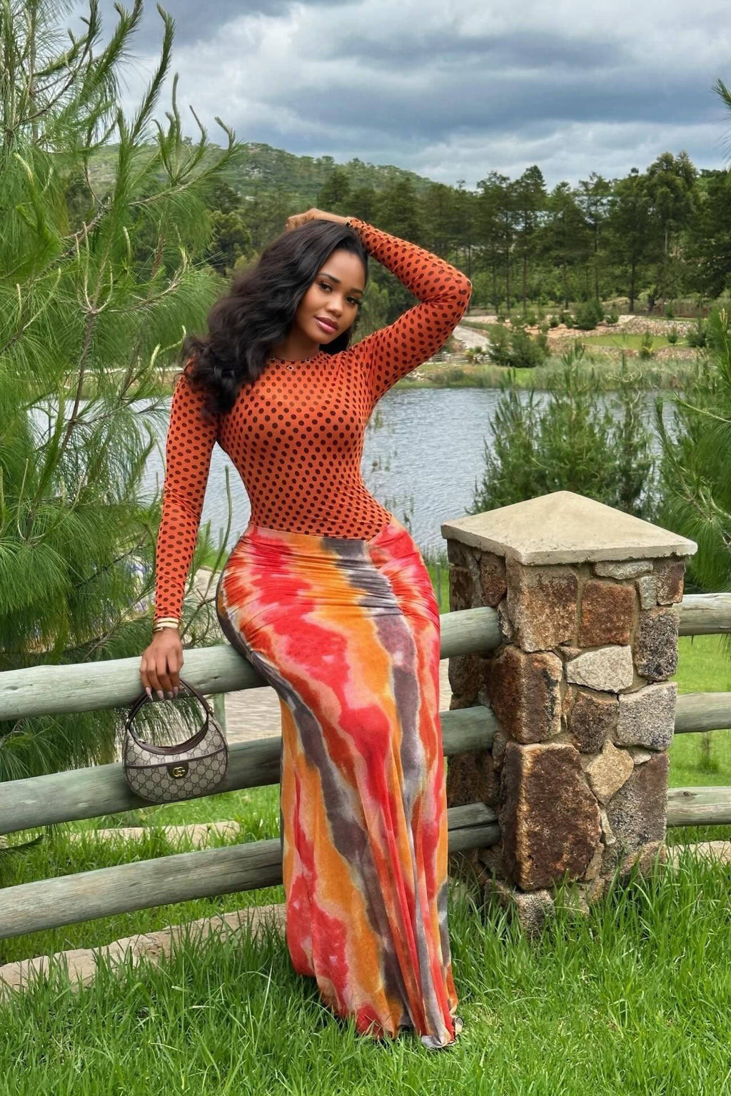 Warm Tone Polka Dot Long Sleeve Maxi-Length Dress