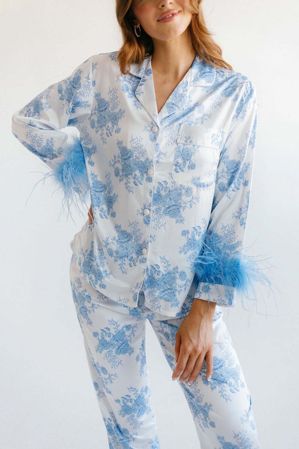Blue Flower Print Satin Pajama Set