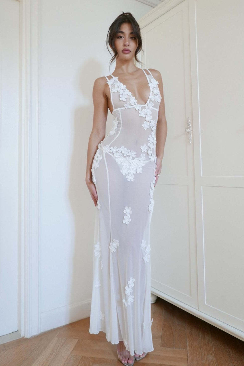 Soft Allure Tulle 3D Flower Spaghetti Dress